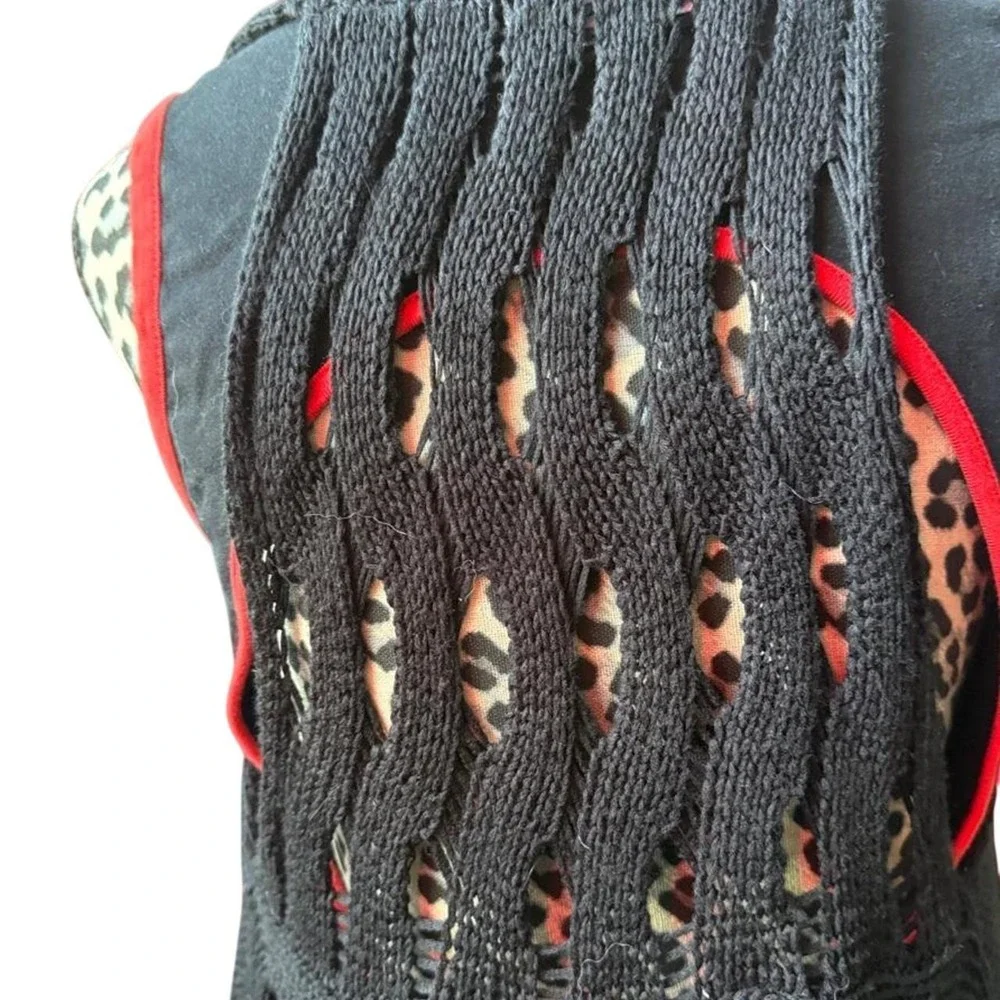 Black Open Knit Crochet Longline Sleeveless Cardigan Vest Medium
